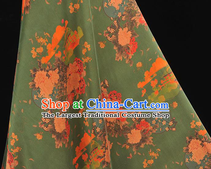 Chinese Classical Peony Plum Pattern Silk Fabric Gambiered Guangdong Gauze Traditional Cheongsam Green Satin Cloth