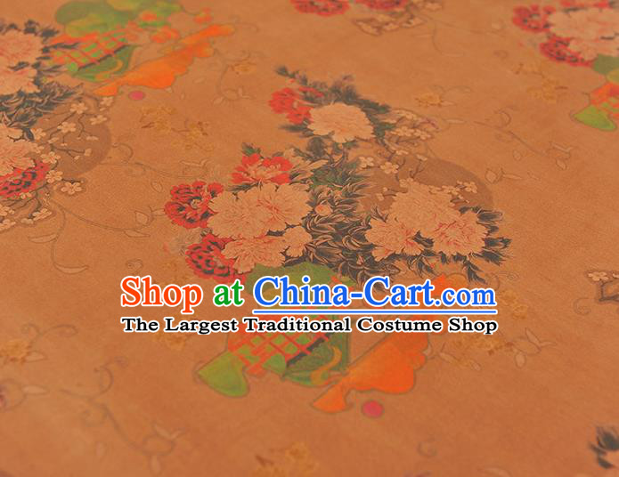 Chinese Gambiered Guangdong Gauze Traditional Cheongsam Light Brown Satin Cloth Classical Peony Plum Pattern Silk Fabric