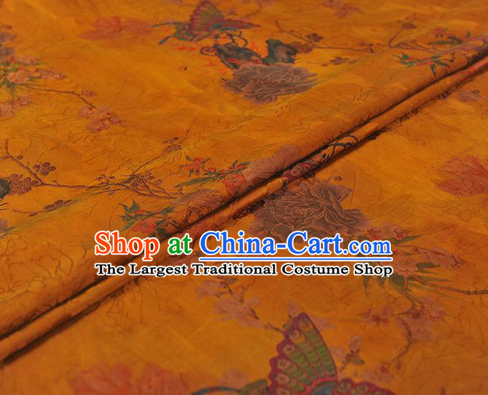 Chinese Cheongsam Ginger Satin Cloth Classical Peony Butterfly Pattern Gambiered Guangdong Gauze Traditional Yellow Silk Fabric