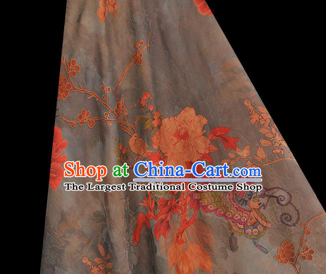 Chinese Traditional Cheongsam Satin Cloth Grey Gambiered Guangdong Gauze Classical Peony Butterfly Pattern Silk Fabric