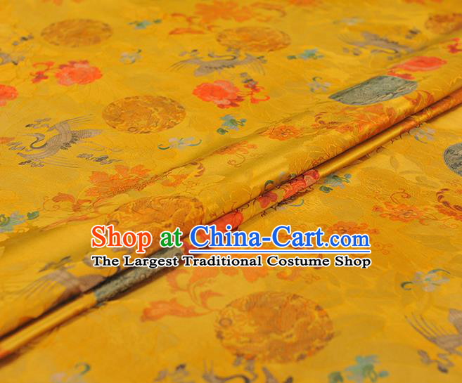 Chinese Traditional Cheongsam Yellow Satin Cloth Classical Crane Peony Butterfly Pattern Silk Gambiered Guangdong Gauze Fabric