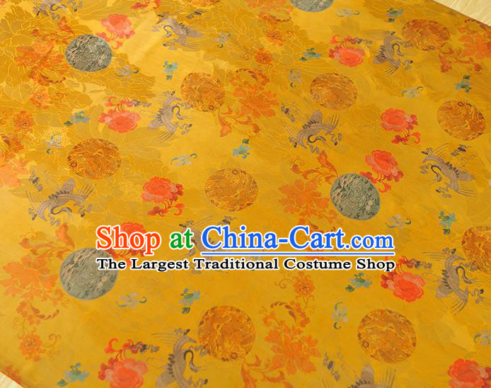 Chinese Traditional Cheongsam Yellow Satin Cloth Classical Crane Peony Butterfly Pattern Silk Gambiered Guangdong Gauze Fabric