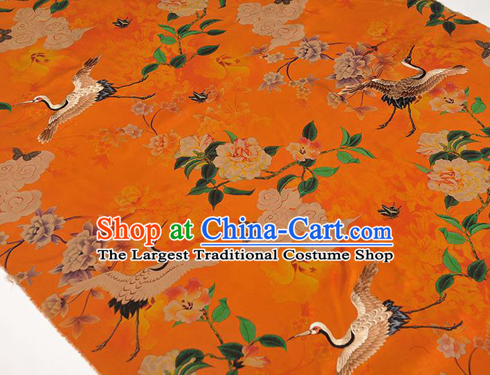 Chinese Classical Embroidered Cloud Crane Pattern Silk Traditional Cheongsam Satin Cloth Orange Gambiered Guangdong Gauze Fabric