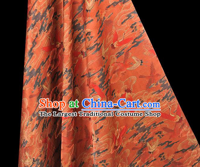 Chinese Traditional Cheongsam Jacquard Red Satin Cloth Gambiered Guangdong Gauze Classical Cloud Crane Pattern Silk Fabric