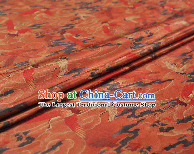 Chinese Traditional Cheongsam Jacquard Red Satin Cloth Gambiered Guangdong Gauze Classical Cloud Crane Pattern Silk Fabric