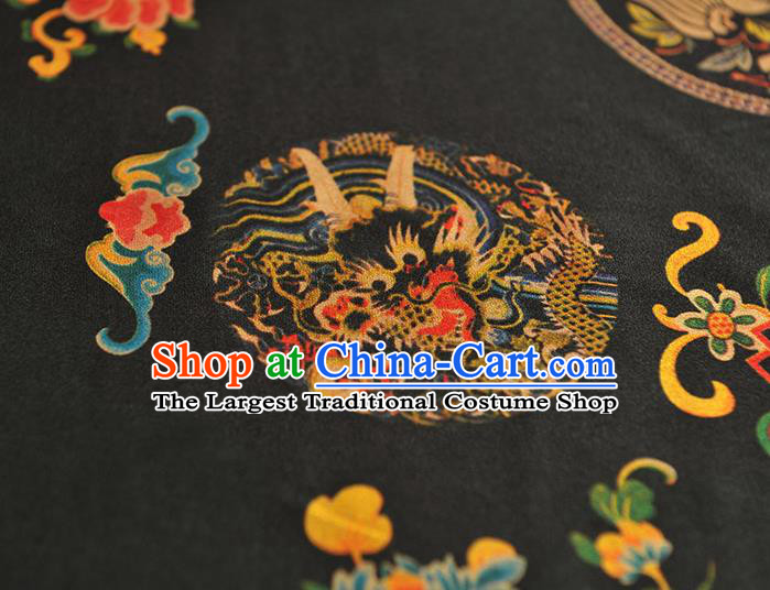 Chinese Traditional Silk Fabric Classical Bat Dragon Peach Pattern Gambiered Guangdong Gauze Cheongsam Black Satin Cloth