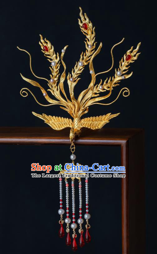 China Ancient Court Queen Phoenix Hair Crown Hair Accessories Traditional Ming Dynasty Empress Gilding Tassel Hairpin