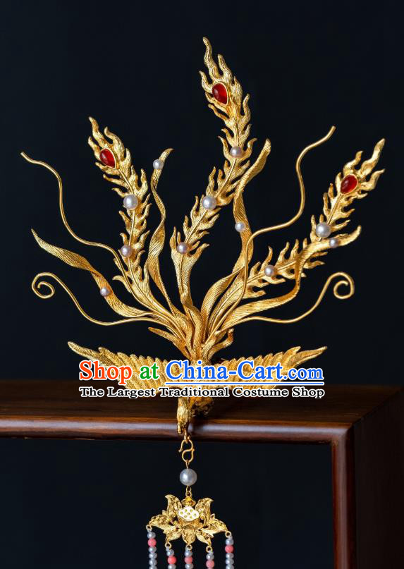 China Ancient Court Queen Phoenix Hair Crown Hair Accessories Traditional Ming Dynasty Empress Gilding Tassel Hairpin