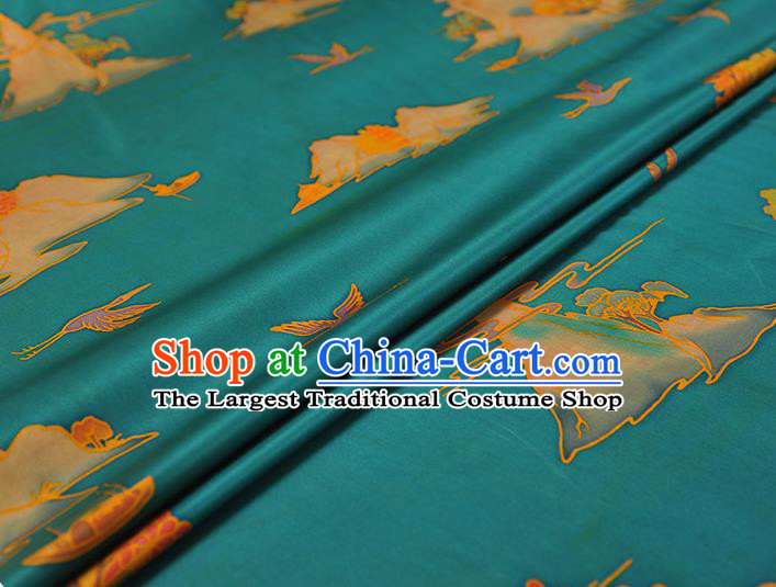 Chinese Satin Cloth Traditional Cheongsam Gambiered Guangdong Gauze Classical Mount Crane Pattern Blue Silk Fabric
