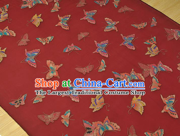 Chinese Traditional Red Gambiered Guangdong Gauze Classical Butterfly Pattern Silk Fabric Cheongsam Satin Cloth