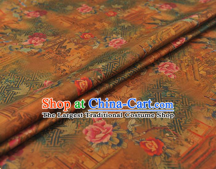Chinese Classical Peony Pattern Silk Fabric Cheongsam Satin Cloth Traditional Ginger Gambiered Guangdong Gauze
