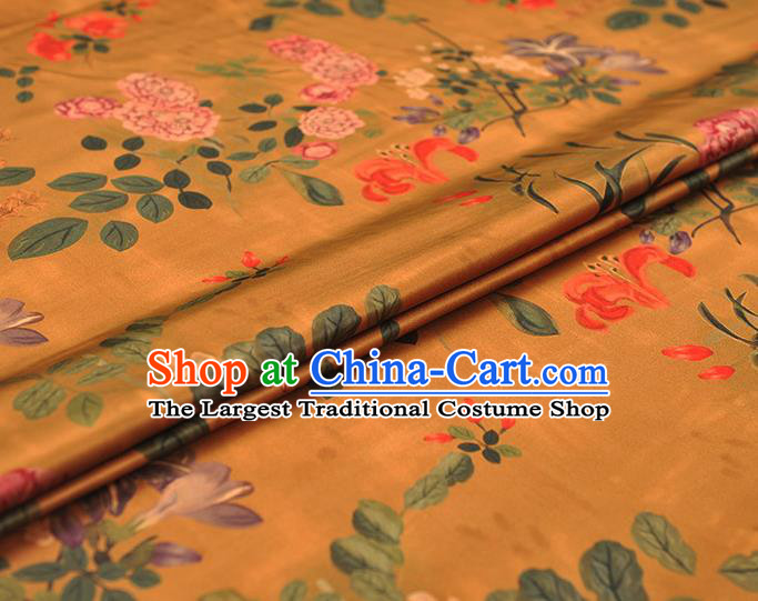 Chinese Classical Spring Flowers Pattern Silk Fabric Traditional Ginger Gambiered Guangdong Gauze Cheongsam Satin Cloth