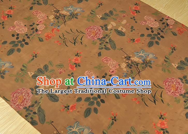 Chinese Traditional Gambiered Guangdong Gauze Cheongsam Brown Satin Cloth Classical Spring Flowers Pattern Silk Fabric