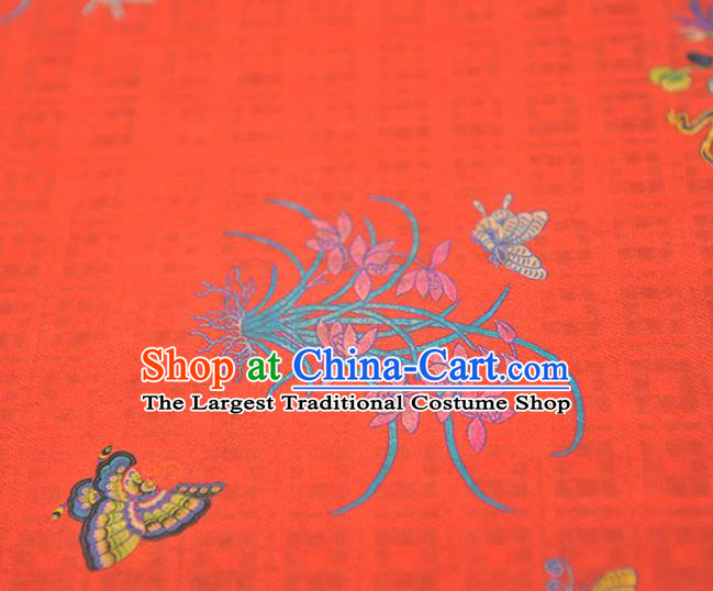 Chinese Cheongsam Classical Orchids Butterfly Pattern Silk Fabric Jacquard Cloth Traditional Red Gambiered Guangdong Gauze