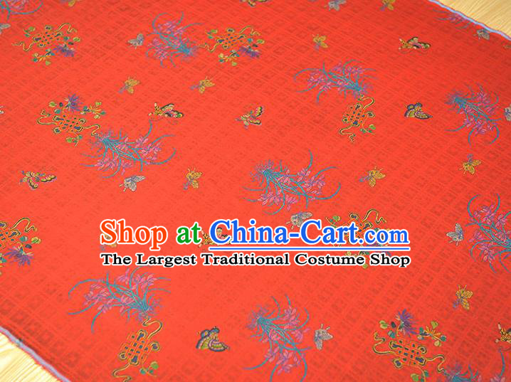 Chinese Cheongsam Classical Orchids Butterfly Pattern Silk Fabric Jacquard Cloth Traditional Red Gambiered Guangdong Gauze