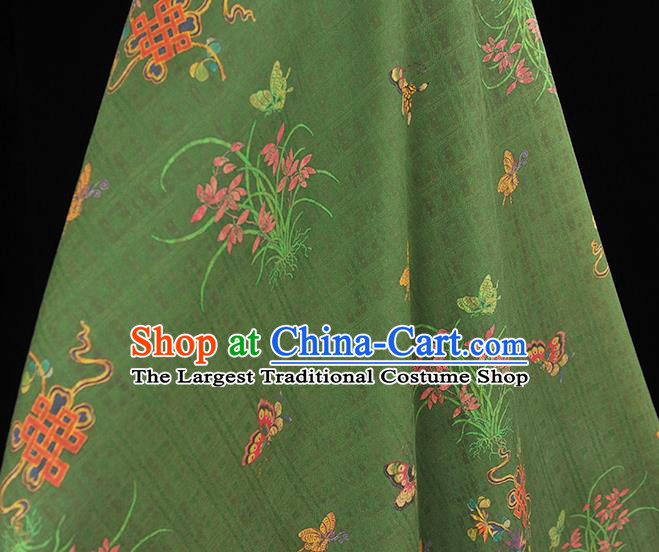 Chinese Cheongsam Jacquard Cloth Traditional Green Gambiered Guangdong Gauze Classical Orchids Butterfly Pattern Silk Fabric