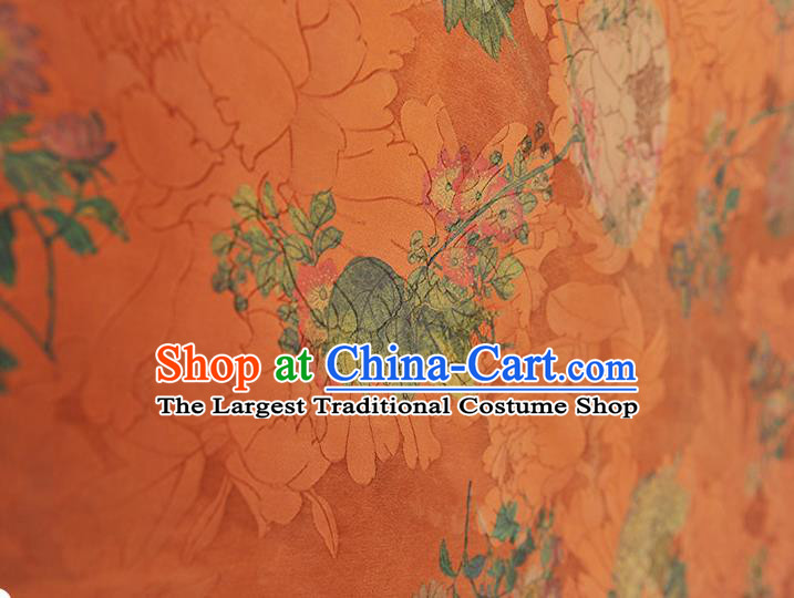 Chinese Traditional Gambiered Guangdong Gauze Jacquard Silk Fabric Cheongsam Classical Chrysanthemum Peony Pattern Orange Satin Cloth