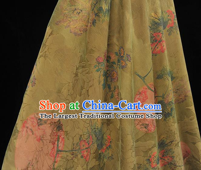 Chinese Cheongsam Classical Chrysanthemum Peony Pattern Green Satin Cloth Traditional Gambiered Guangdong Gauze Jacquard Silk Fabric
