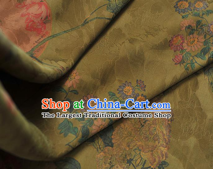 Chinese Cheongsam Classical Chrysanthemum Peony Pattern Green Satin Cloth Traditional Gambiered Guangdong Gauze Jacquard Silk Fabric