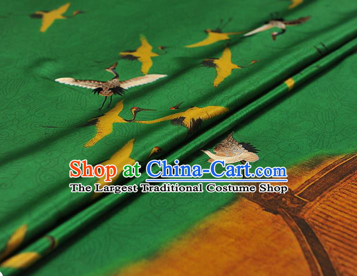 China Traditional Embroidered Cranes Pattern Silk Fabric Classical Cheongsam Green Satin Cloth