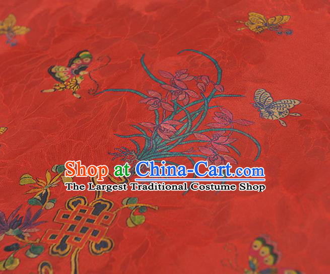 Chinese Cheongsam Traditional Jacquard Silk Fabric Gambiered Guangdong Gauze Classical Butterfly Prchids Pattern Red Satin Cloth