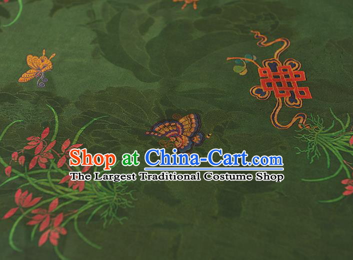 Chinese Traditional Jacquard Silk Fabric Cheongsam Gambiered Guangdong Gauze Classical Butterfly Orchids Pattern Deep Green Satin Cloth