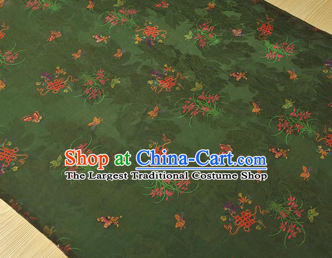 Chinese Traditional Jacquard Silk Fabric Cheongsam Gambiered Guangdong Gauze Classical Butterfly Orchids Pattern Deep Green Satin Cloth