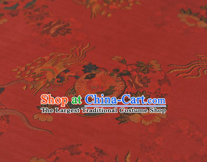 Chinese Traditional Cheongsam Silk Fabric Red Gambiered Guangdong Gauze Classical Phoenix Peony Pattern Cloth