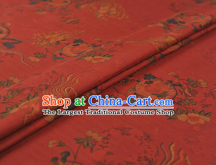 Chinese Traditional Cheongsam Silk Fabric Red Gambiered Guangdong Gauze Classical Phoenix Peony Pattern Cloth