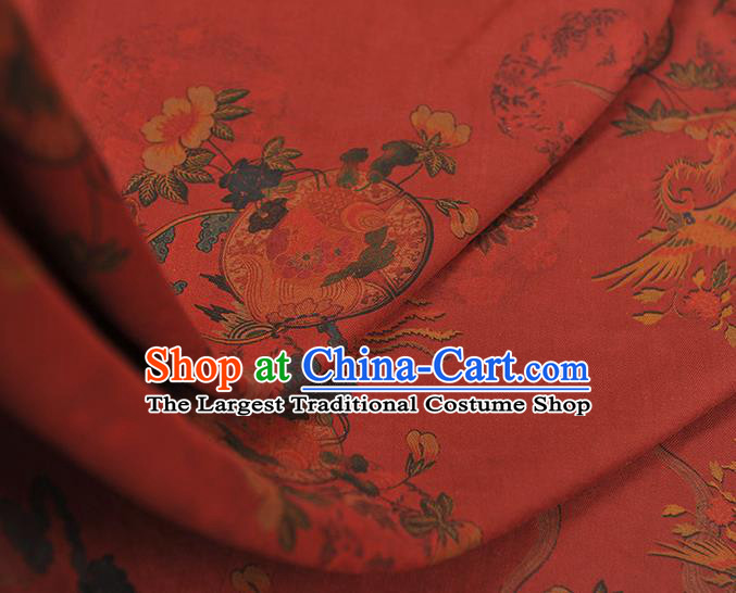 Chinese Traditional Cheongsam Silk Fabric Red Gambiered Guangdong Gauze Classical Phoenix Peony Pattern Cloth