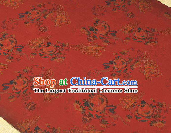 Chinese Traditional Cheongsam Silk Fabric Red Gambiered Guangdong Gauze Classical Phoenix Peony Pattern Cloth