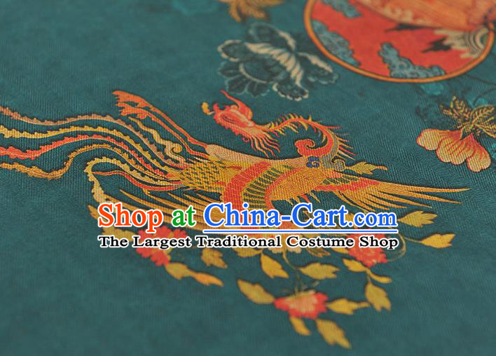 Chinese Gambiered Guangdong Gauze Classical Phoenix Peony Pattern Cloth Traditional Cheongsam Teal Silk Fabric