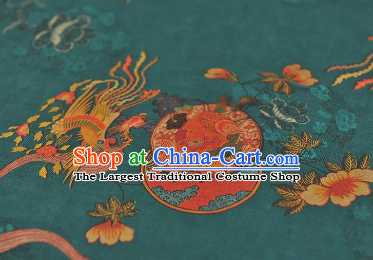 Chinese Gambiered Guangdong Gauze Classical Phoenix Peony Pattern Cloth Traditional Cheongsam Teal Silk Fabric