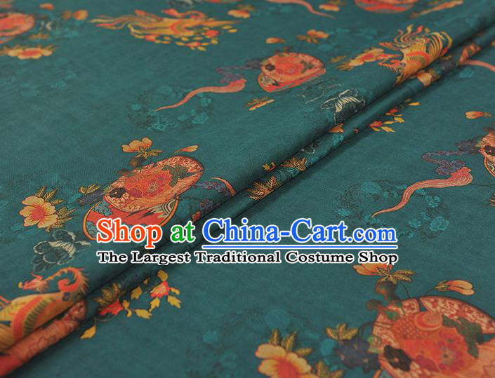 Chinese Gambiered Guangdong Gauze Classical Phoenix Peony Pattern Cloth Traditional Cheongsam Teal Silk Fabric