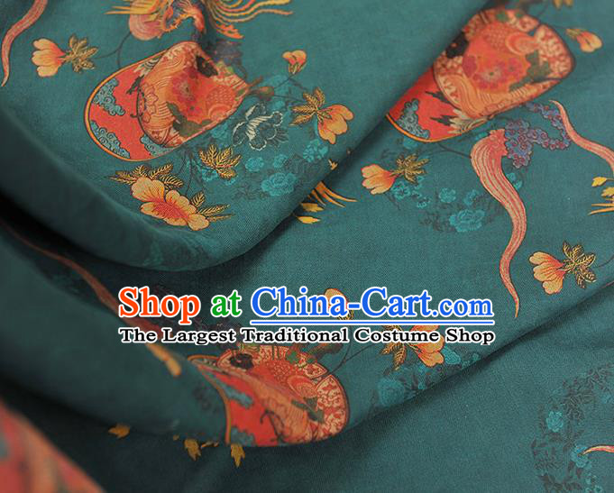 Chinese Gambiered Guangdong Gauze Classical Phoenix Peony Pattern Cloth Traditional Cheongsam Teal Silk Fabric