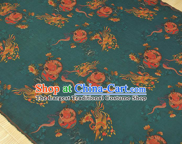 Chinese Gambiered Guangdong Gauze Classical Phoenix Peony Pattern Cloth Traditional Cheongsam Teal Silk Fabric