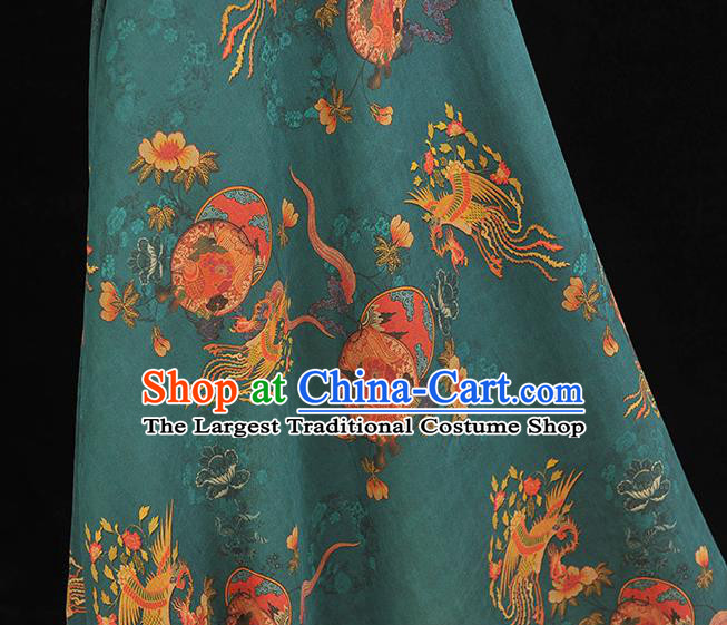 Chinese Gambiered Guangdong Gauze Classical Phoenix Peony Pattern Cloth Traditional Cheongsam Teal Silk Fabric