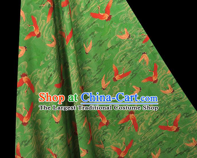 Chinese Satin Fabric Traditional Cheongsam Gambiered Guangdong Gauze Classical Cranes Pattern Green Silk Cloth