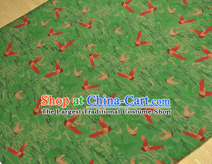 Chinese Satin Fabric Traditional Cheongsam Gambiered Guangdong Gauze Classical Cranes Pattern Green Silk Cloth