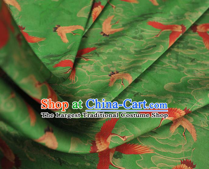 Chinese Satin Fabric Traditional Cheongsam Gambiered Guangdong Gauze Classical Cranes Pattern Green Silk Cloth