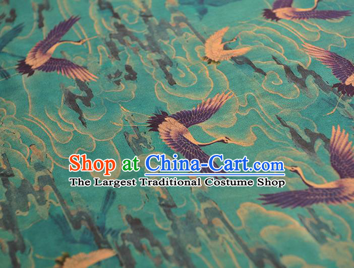 Chinese Traditional Cheongsam Gambiered Guangdong Gauze Classical Cranes Pattern Blue Silk Cloth Satin Fabric