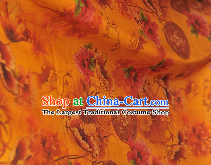 Chinese Traditional Fabric Ginger Gambiered Guangdong Gauze Cheongsam Satin Classical Lotus Peony Pattern Silk Material