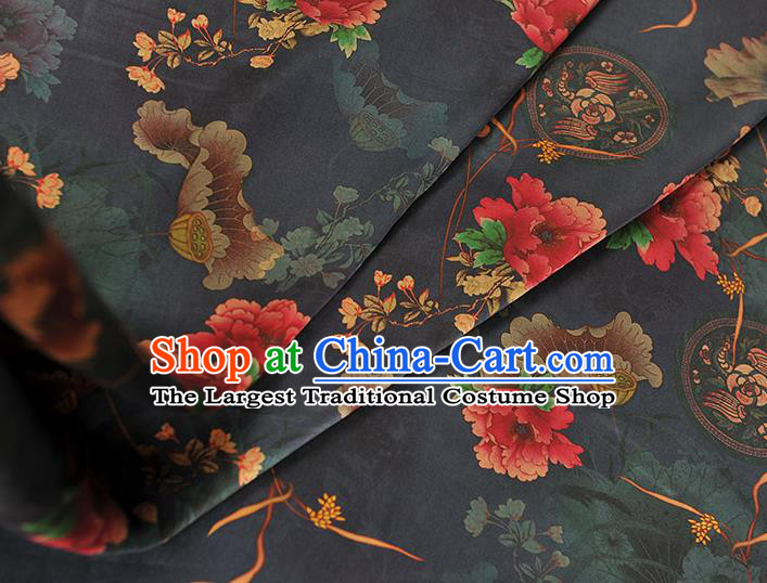 Chinese Classical Lotus Peony Pattern Silk Material Traditional Fabric Navy Gambiered Guangdong Gauze Cheongsam Satin