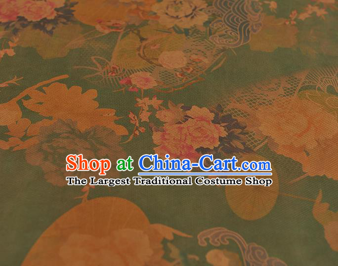 Chinese Cheongsam Green Silk Fabric Traditional Gambiered Guangdong Gauze Classical Peony Pattern Cloth