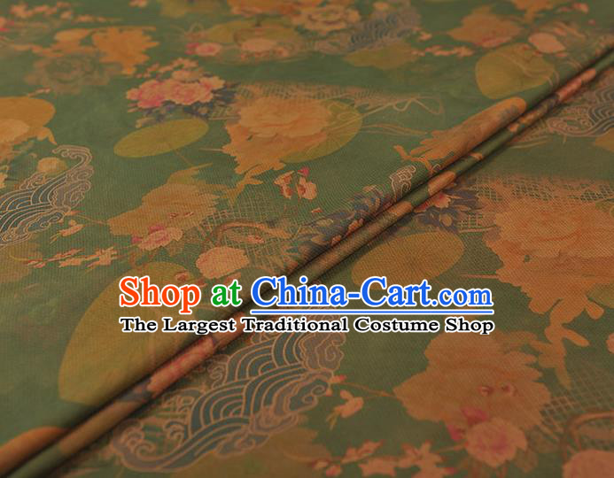 Chinese Cheongsam Green Silk Fabric Traditional Gambiered Guangdong Gauze Classical Peony Pattern Cloth