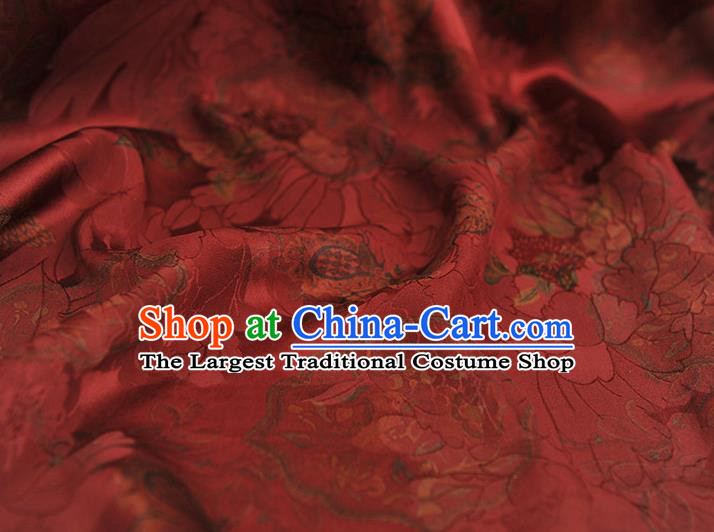 Chinese Cheongsam Red Gambiered Guangdong Gauze Classical Flowers Pattern Silk Material Traditional Satin Fabric