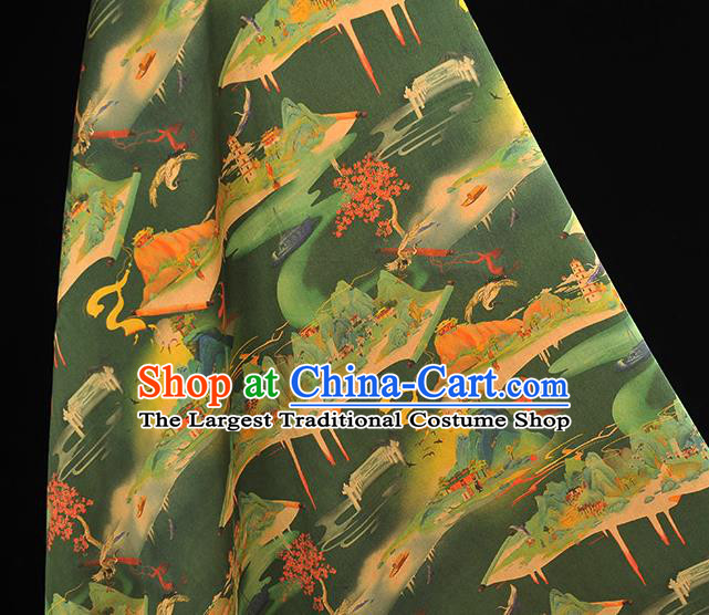 Chinese Cheongsam Gambiered Guangdong Gauze Traditional Green Satin Fabric Classical Heavenly Palace Pattern Silk Material