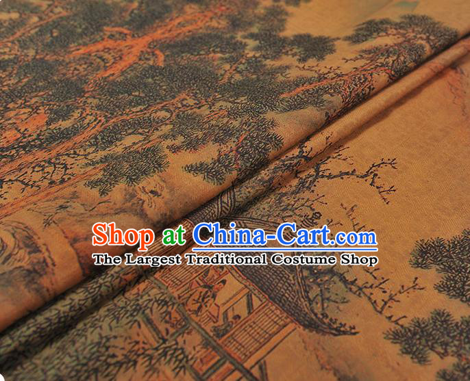 Chinese Classical Hill Pavilion Pattern Silk Cloth Cheongsam Gambiered Guangdong Gauze Traditional Jacquard Ginger Fabric
