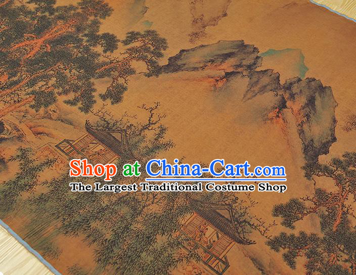 Chinese Classical Hill Pavilion Pattern Silk Cloth Cheongsam Gambiered Guangdong Gauze Traditional Jacquard Ginger Fabric