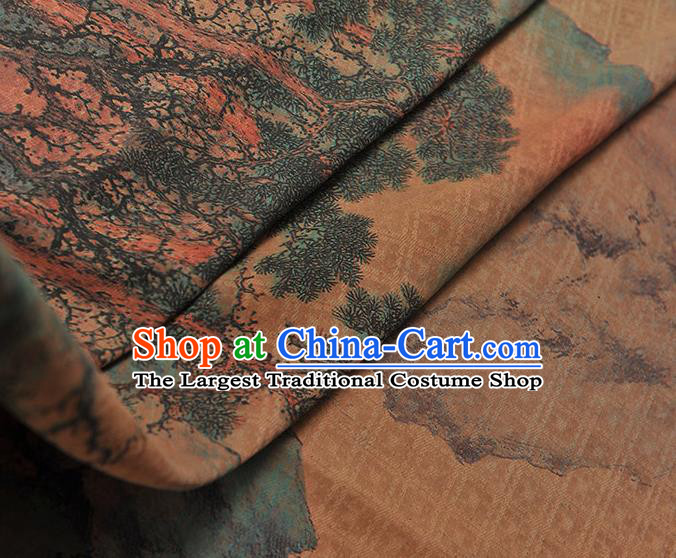 Chinese Cheongsam Gambiered Guangdong Gauze Traditional Jacquard Brown Fabric Classical Hill Pavilion Pattern Silk Cloth